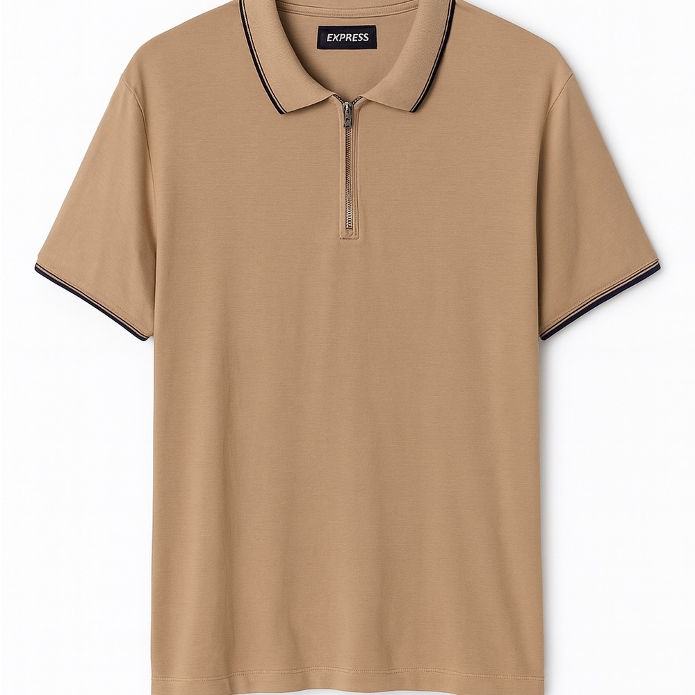 Express Luxury Ribbed Polo - Silver Zip, Sand/Tan/Black - Rare Minimalist Fit